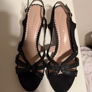 Black open toe dressy shoe sparkles in the front 3 inch heel like brand new